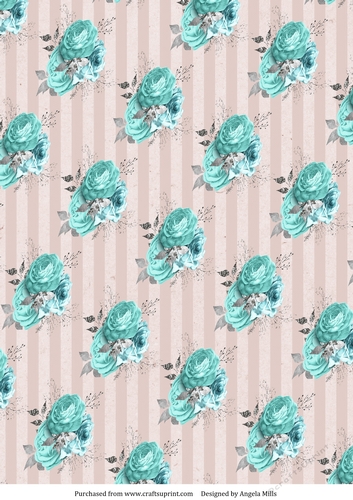 A4 Paper, Aqua/Silver Roses on Dusky Rose Striped Background