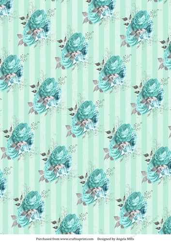 A4 Paper, Aqua/Silver Roses on Aqua Striped Background