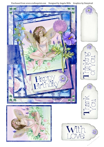 A5 Card Front Sitting Fairy with Topper and Sentiment Tags Blue/Violet