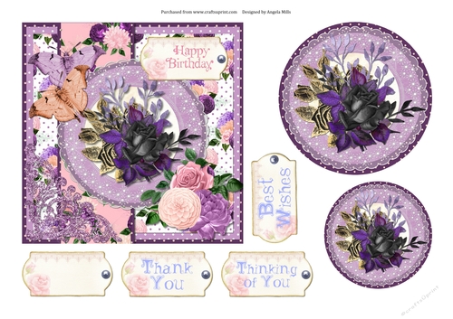 6 x 6 Card Front Floral Peach/Pink/Lilac with Toppers and Sentiment Tags