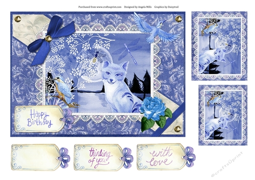 A5 Card Front Nighttime by the Lake Fox/Birds with Toppers and Sentiment Tags