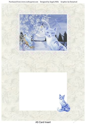 A5 Card Insert Nighttime By The Lake Fox/Birds Midnight Blue on Cream Background