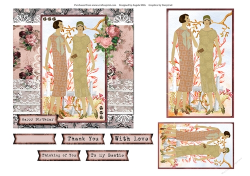 6 x 6 Card Front Shabby Chic/Lace 20s Ladies with Toppers and Sentiment Toppers