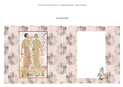 6 x 6 Card Insert Shabby Chic 20s Ladies on Floral Peach Background