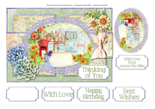 A5 Card Front Street Scene/Floral with Topper amd Sentiment Tags, Green/Lilac