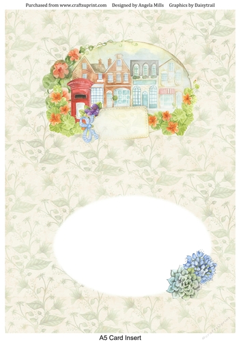 A5 Card Insert Street Scene/Floral, Green/Cream Floral Background, Blank