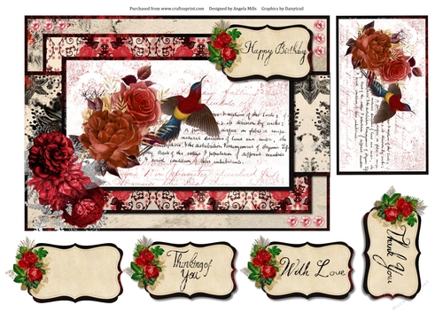 A5 Card Front Shabby Chic Floral Bird with Topper and Sentiment Tags