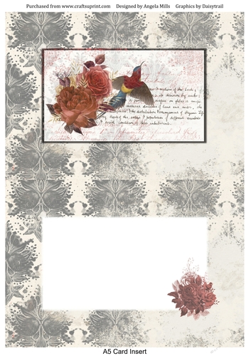 A5 Card Insert Shabby Chic Floral Bird on Cream/Grey Damask Background, Blank