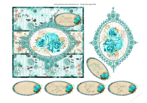 6 x 6 Card Front Turquoise/Peach Floral with Topper and Sentiments