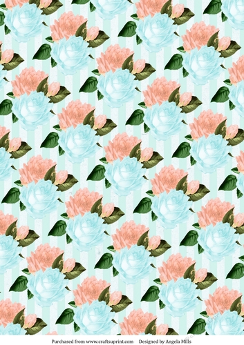 A4 Paper Turquoise/Peach Roses on Turquoise Striped Background