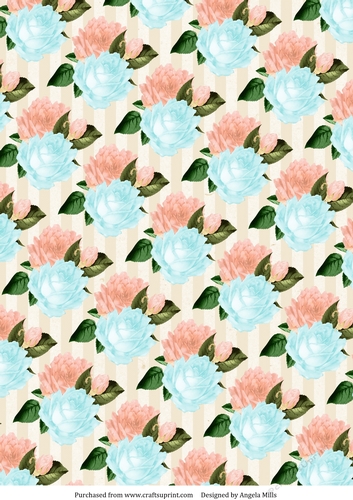A4 Paper Turquoise/Peach Roses on Cream Striped Background