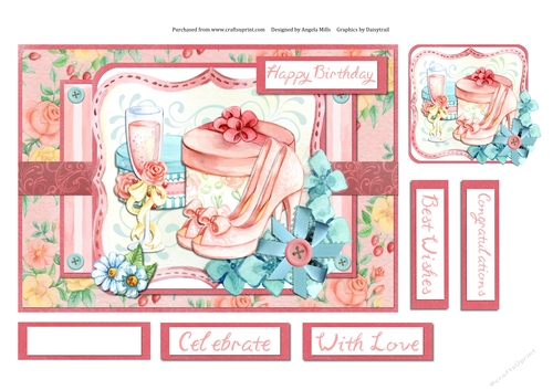 A5 Card Front Ladies Celebration Shoes/Hatboxes/Champagne with Topper and Sentiments