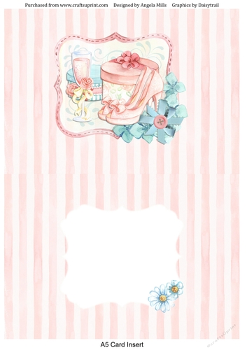 A5 Card Insert Ladies Celebration Shoes/Hatboxes/Champagne on Pink/White Striped Background
