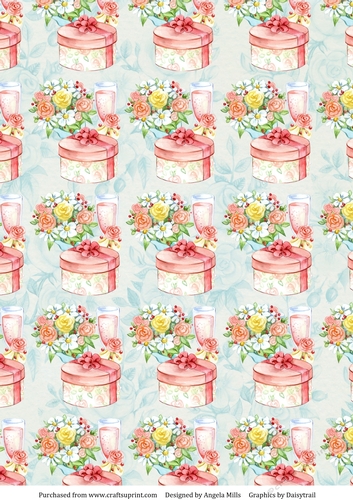 A4 Paper Celebration Bouquet/Champagne/Hat Box on Soft Blue Floral Background