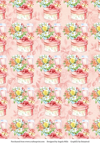 A4 Paper Celebration Bouquet/Champagne/Hat Box on Soft Pink Floral Background