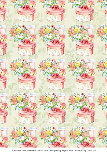 A4 Paper Celebration Bouquet/Champagne/Hat Box on Soft Green Floral Background