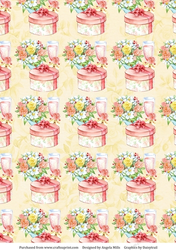 A4 Paper Celebration Bouquet/Champagne/Hat Box on Soft Yellow Floral Background