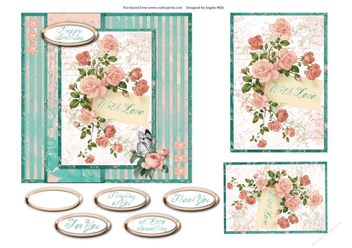 6 x 6 Card Front Peach Roses with Toppers and Sentiments Green/Peach