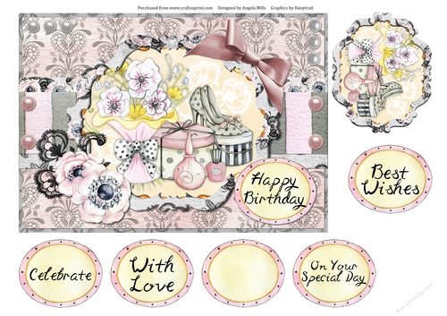 A5 Card Front Ladies Celebration Shoes/Hatboxes/Bouquet/Perfume with Topper and Sentiments