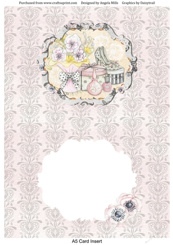 A5 Card Insert Ladies Celebration Shoes/Hatboxes/Bouquet/Perfume on Pink Background, Blank