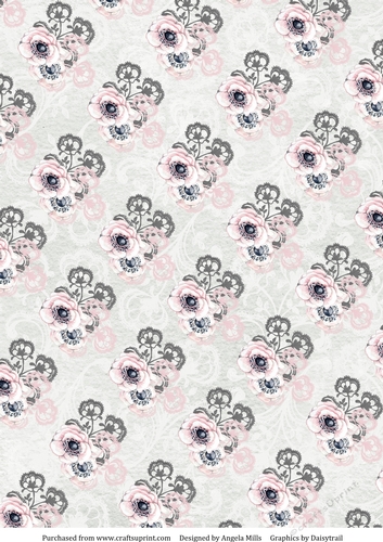 A4 Paper Pink/Grey Floral on Pale Grey Background