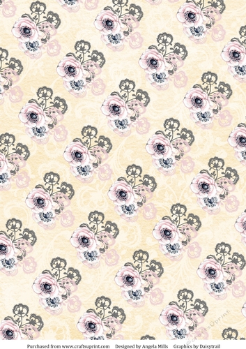 A4 Paper Pink/Grey Floral on Pale Yellow Background