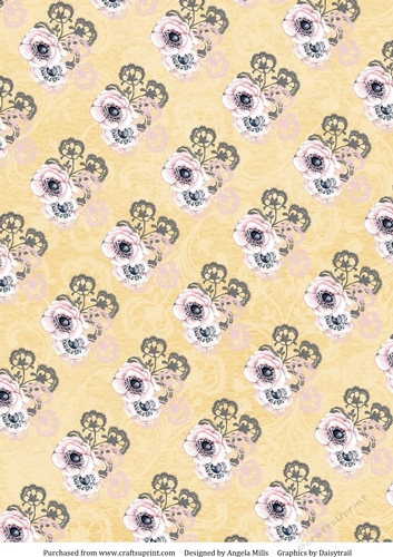 A4 Paper Pink/Grey Floral on Yellow Background