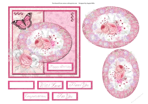 6 x 6 Card Front Pink/White Roses/Parchment Floral Frame with Toppers and Sentiment Toppers