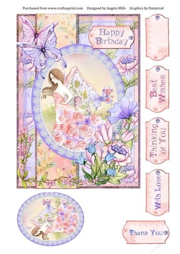 A5 Card Front Woodland Fairy Princess with Topper and Sentiment Toppers