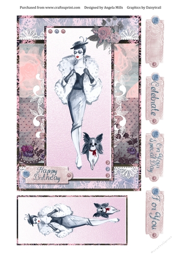 A5 Card Front Chic Lady/Papillon Dog with Topper and Sentiment Toppers