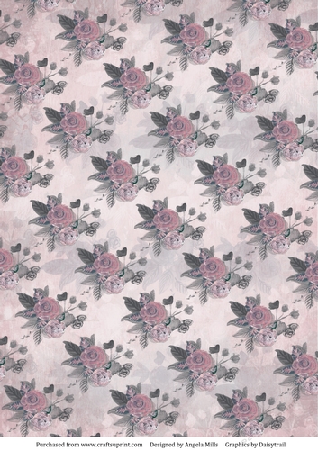 A4 Paper Pink/Grey Watercolour Roses on Light Grey Background