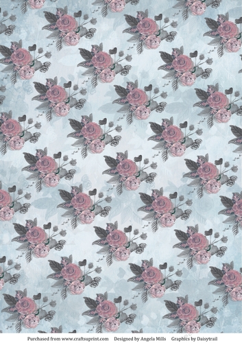 A4 Paper Pink/Grey Watercolour Roses on Pale Blue Background
