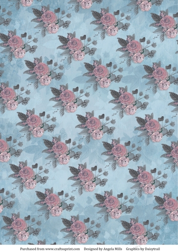 A4 Paper Pink/Grey Watercolour Roses on Blue Background