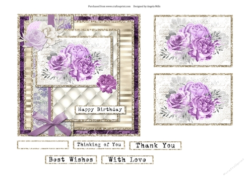 6 x 6 Card Front Lilac Roses with Toppers and Sentiments Lilac/Gold/Champagne