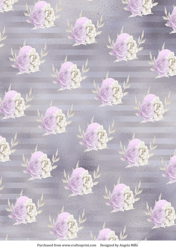 A4 Paper Lilac/White Roses on Grey Striped Background