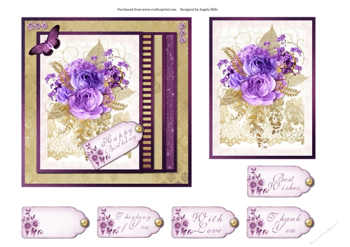 6 x 6 Card Front Lilac/Gold Roses on Plum/Gold Background with Topper and Sentiment Tags