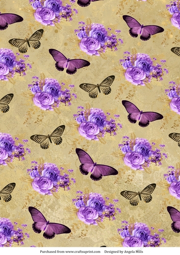 A4 Paper Lilac Roses/Butterflies on Gold Background