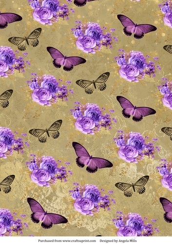 A4 Paper Lilac Roses/Butterflies on Dark Gold Background