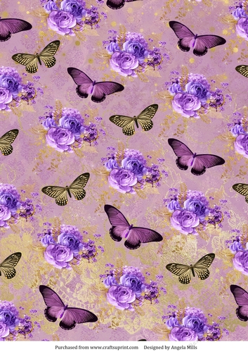 A4 Paper Lilac Roses/Butterflies on Plum/Gold Background