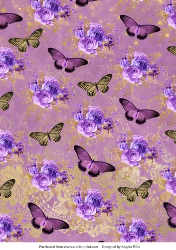 A4 Paper Lilac Roses/Butterflies on Dark Plum/Gold Background