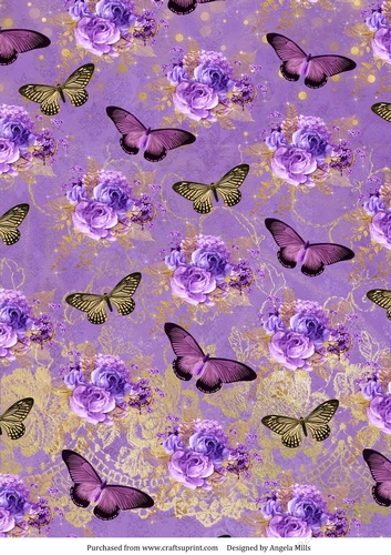 A4 Paper Lilac Roses/Butterflies on Lavender/Gold Background