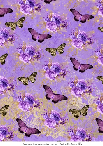 A4 Paper Lilac Roses/Butterflies on Lilac/Gold Background