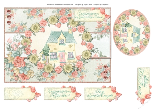 A5 Card Front Cottage/Wreath with Topper and Sentiment Tags Pink/Yellow/Green