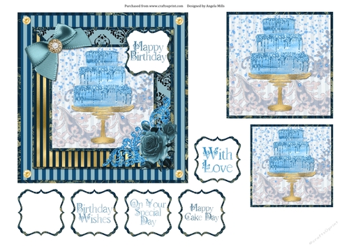 6 x 6 Card Front Blue/Gold Cake with Toppers and Sentiments Blue/Gold 