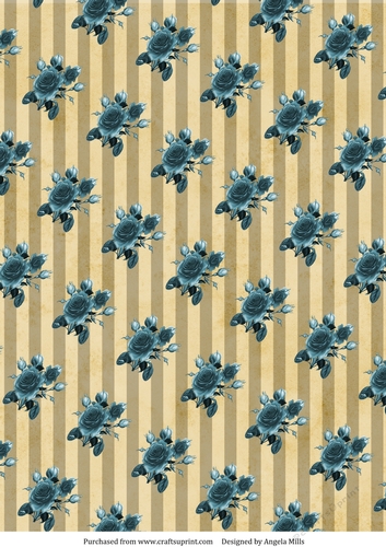 A4 Paper Teal Roses on Yellow Ochre Striped Background