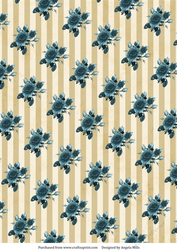 A4 Paper Teal Roses on Yellow Ochre/Cream Striped Background