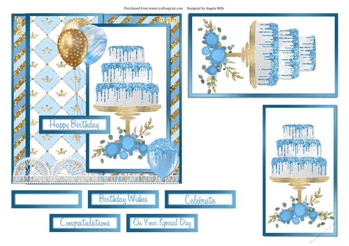 6 x 6 Card Front Blue/White Cake/Balloons with Toppers and Sentiments Blue/Gold