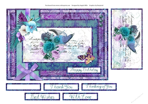 A5 Card Front Vintage Bird Ephemera with Topper and Sentiments Lilac/Turquoise
