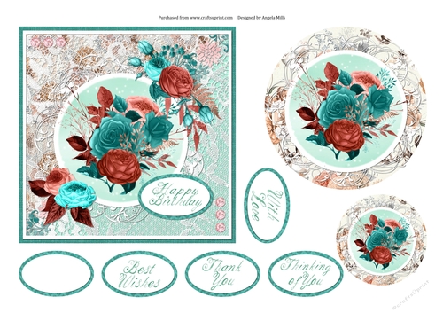 6 x 6 Card Front Coral/Turquoise/Lace Floral with Toppers and Sentiments