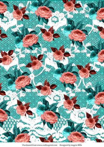 A4 Paper Coral and Turquoise Roses on Teal Linen/Lace Background